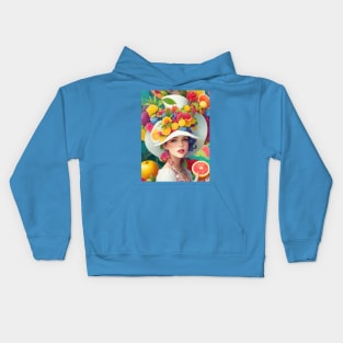 А woman with a white hat and some colorful fruity Kids Hoodie